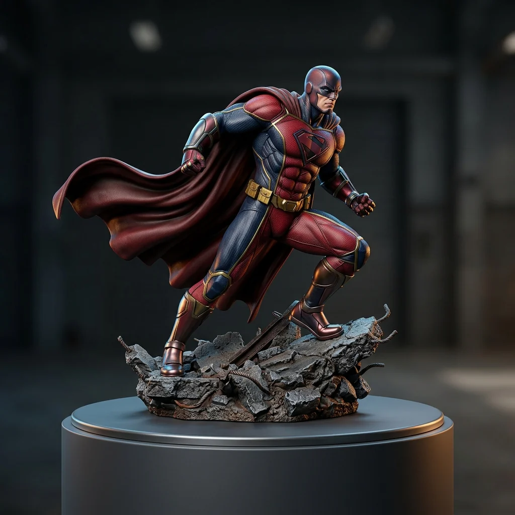 Figura de ação fictícia com armadura vermelha e azul e capa sobre uma base de batalha